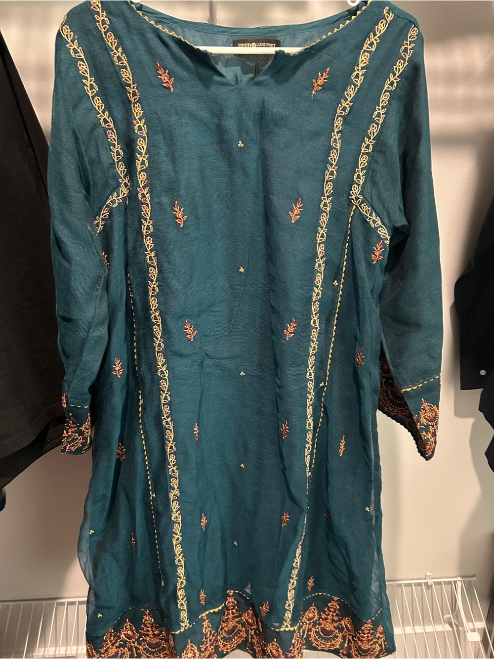 Zeen Teal Embroidered Long Sleeve Dress - Teal